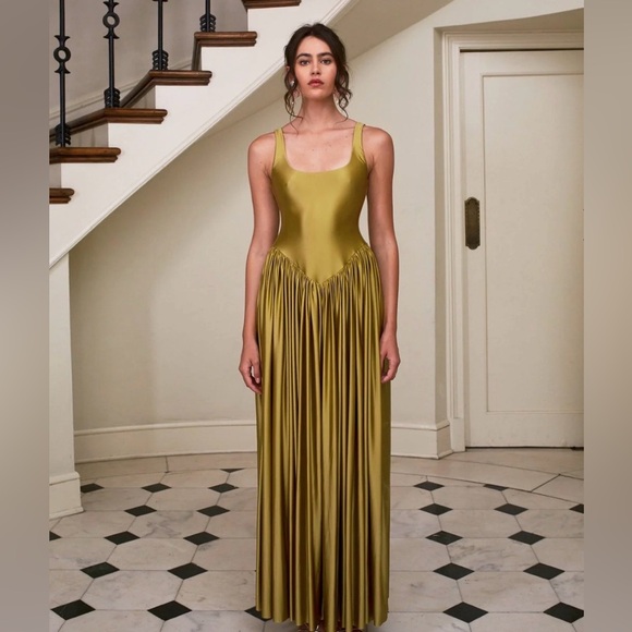 Delfi Collective Dresses & Skirts - Sleek Olive Satin Pleated Maxi Dress